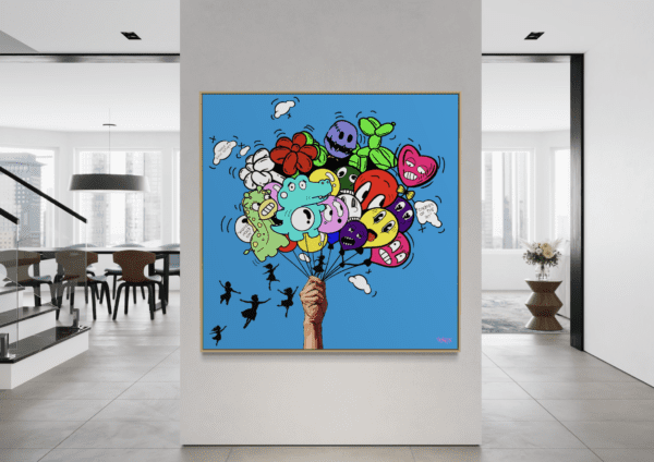 Uplifting artwork of floating balloons in "Children of the Sky" painting by Henrix